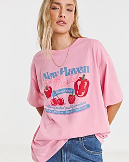 Pink Oversized Farmers Market Graphic T-Shirt