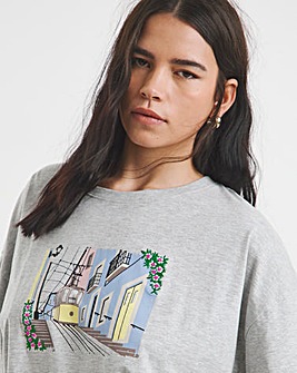 Grey Marl Embroidery Lisbon Graphic T-Shirt