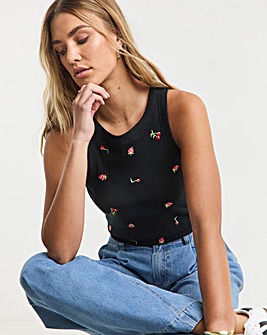 Black Ribbed Strawberry & Cherry Embroidery High Neck Tank