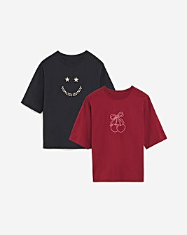 Cherry Print & Smiley Embroidery T-Shirt Pack