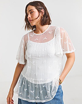 Ivory Bow Print Lace Tie Front Top