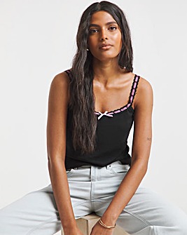 Black & Pink Lace and Ribbon Trim Tank Top