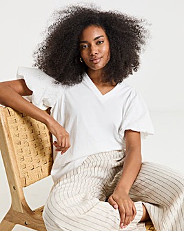 White Broderie Puff Sleeve V Neck T-Shirt