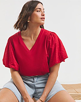 Red Broderie Puff Sleeve V Neck T-Shirt