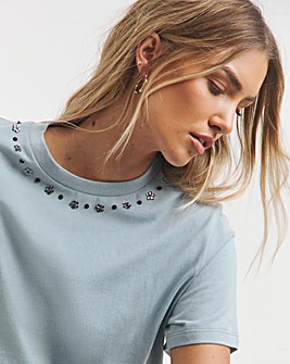 Blue Embellished Neckline T-Shirt