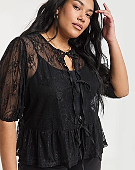 Black Lace Tie Front Top