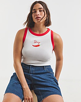 White & Red Chilli Embroidered Tank