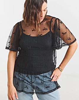 Black Bow Print Lace Tie Front Top