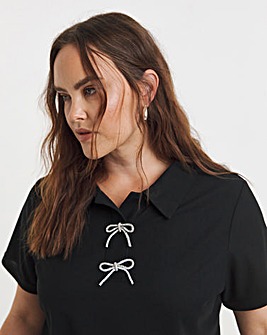 Black Polo Top with Bow Embellishment