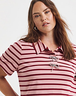 Stripe Polo Top with Bow Embellishment