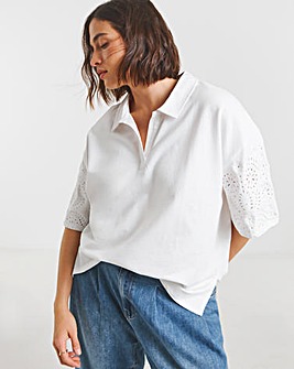 White Cut Work Sleeve Polo Top