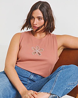 Rose Pink Flower Cut Out Tank with Pearls