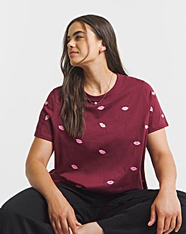 Pink & Burgundy Lips Embroidery T-Shirt