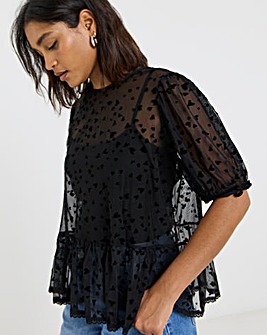 Black Velvet Heart Mesh Puff Sleeve Top