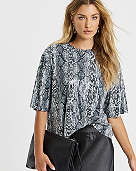 Grey Snake Print Sequin Boxy T-Shirt