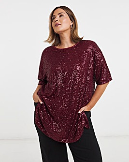 Burgundy Linear Sequin Oversized T-Shirt