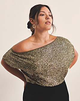 Olive Linear Sequin Off The Shoulder Top
