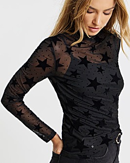 Black Velour Star Print Mesh Top