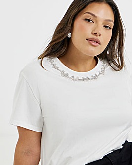 White Heart Diamante Embellished Crew Neck T-Shirt