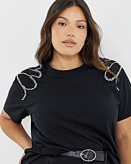 Black Diamante Shoulder Detail T-Shirt