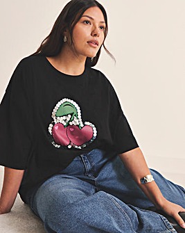 Flocked Embellished Cherries T-Shirt