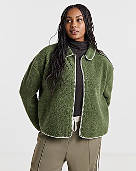 Khaki & Cream Whipstitch Borg Button Through