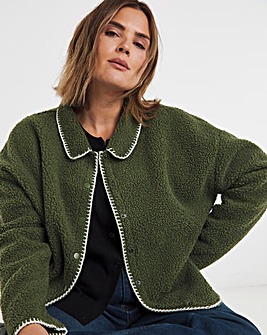 Khaki & Cream Whipstitch Borg Button Through