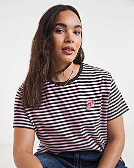 Simply Be Chocolate & Pink Stripe Flower Bead Pocket Detail T-Shirt