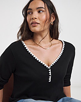 Black Ribbed Henley Top with Whipstitching