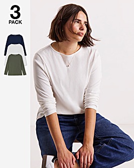 Navy, Khaki & Ecru 3 Pack Long Sleeve Rib Tops