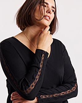 Simply Be Black Slash Neck Rib Top with Lace Sleeve Detail