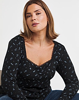 Simply Be Black Ditsy Floral Square Neck Rib Top