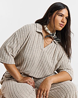 Simply Be Oatmeal Marl Cut & Sew Wide Rib Polo Top