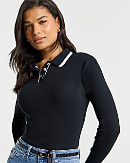 Simply Be Black & White Contrast Tipping Ribbed Polo Top
