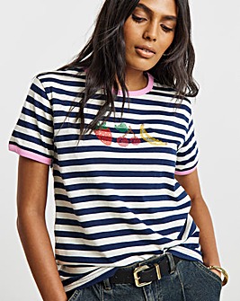 Simply Be Navy & Ivory Stripe Cross Stitch Embroidered T-Shirt