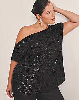 Black Linear Sequin Off The Shoulder Top