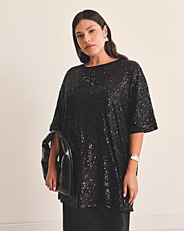 Black Linear Sequin Oversized T-Shirt