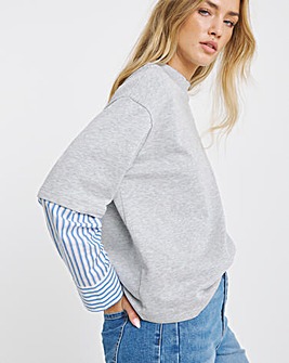 Grey Marl 2 in 1 Woven Sweatshirt with Stripe Sleeves