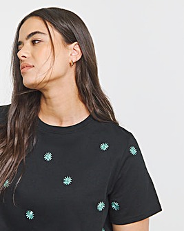 Black & Teal Flower Embroidery T-Shirt