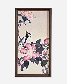 Great Tit on Branch with Pink Flowers Framed Print