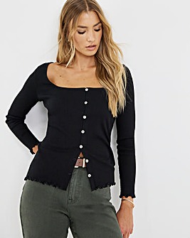 Black Long Sleeve Button Through Ribbed Cardi