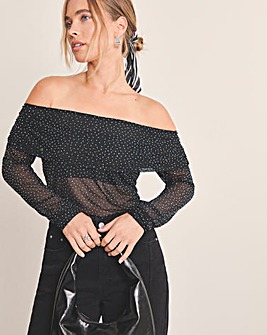 Black Hot Fix Mesh Bardot Top