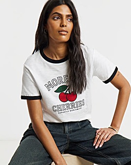 Simply Be Black & White Morello Cherries Graphic Ringer T-Shirt