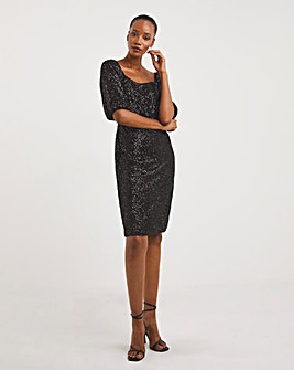 Sequin Square Neck Puff Sleeve Dress