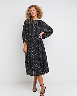 Balloon Sleeve Silver Dobby Spot Smock Dress