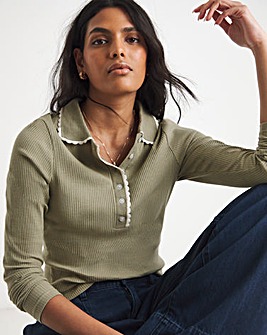 Simply Be Sage Contrast Scallop Trim Polo Top