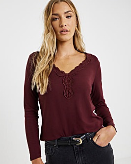 Burgundy Cosy Long Sleeve Lace V Neck Top