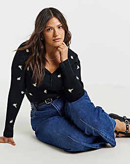 Black Floral Embroidered Henley Top