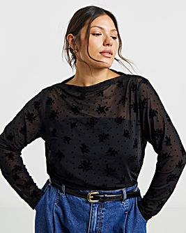 Black Floral & Dobby Mesh High Neck Top