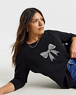 Chocolate Pearl Bow Detail Long Sleeve T-Shirt